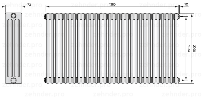 Схема (чертеж) Радиатор Zehnder Charleston 5200/30 №7610 Белый глянцевый RAL 9016